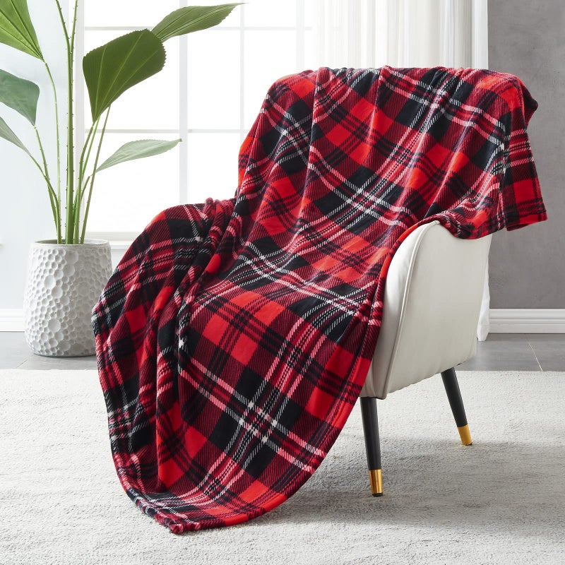 SOCHOW Flannel Fleece Throw Blanket 60 x 80 Inches, All Season Plaid Red/Grey Blanket for Bed, Couch, Car - Image 1